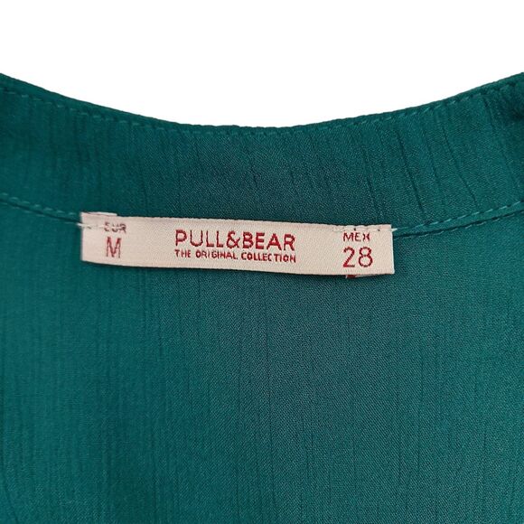 Pull&Bear Maxi Dress Womens Medium Green Bell Sleeve Pleated V-Neck Boho Peasant - Picture 9 of 10